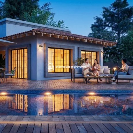 Diseño y planos de casa de 1 piso: Estilo y Confort Moderno Fachada nocturna de planos de casa de 1 piso con piscina, terraza de madera y grandes ventanales con marcos de piedra.