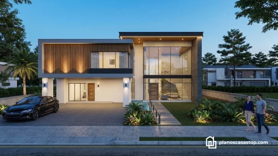 Fachada minimalista con grandes ventanales y acabados en madera. Explore estos planos de casa moderna nogal de lujo.