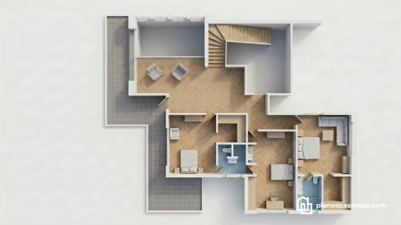Vista 3D de planos de casa moderna nogal con suelos de madera, tres habitaciones, baños modernos y terraza lateral gris.