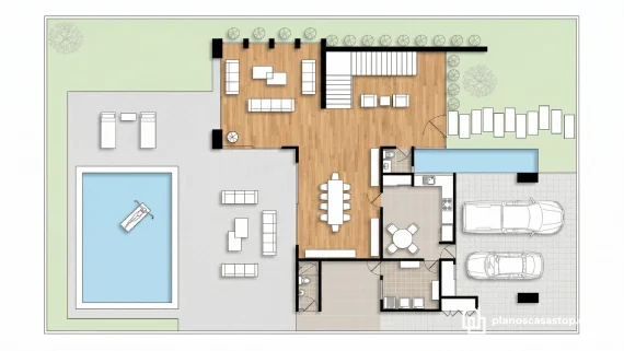 Vista aérea de planos de casa moderna nogal con piscina, sala espaciosa, comedor, cocina y cochera doble integrada.