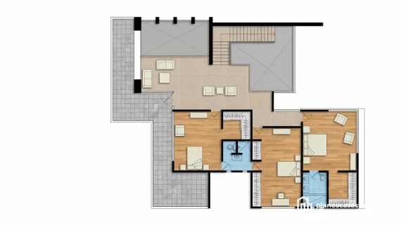 Vista aérea de planos de casa moderna nogal con tres habitaciones, pisos de madera, baños amplios y una terraza exterior.