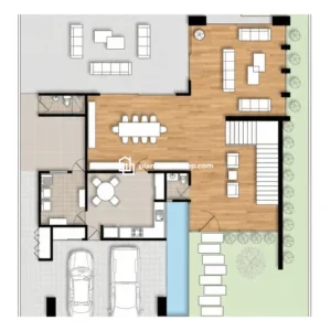 Vista superior de los planos de casa moderna nogal con distribución de sala, comedor, cocina, garaje doble y áreas verdes.