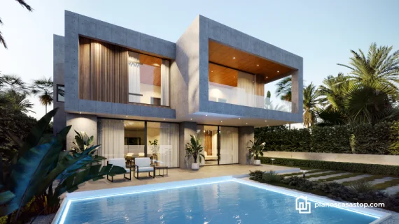 Fachada de casa contemporánea con piscina iluminada y acabados de concreto. Planos de casa moderna Vallarta con diseño abierto.