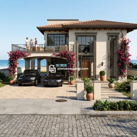 Planos de Casa Colonial Jazmín: Elegancia frente al Mar Fachada de planos de casa colonial jazmín con tejas, bugambilias, garaje doble y terraza frente al mar.