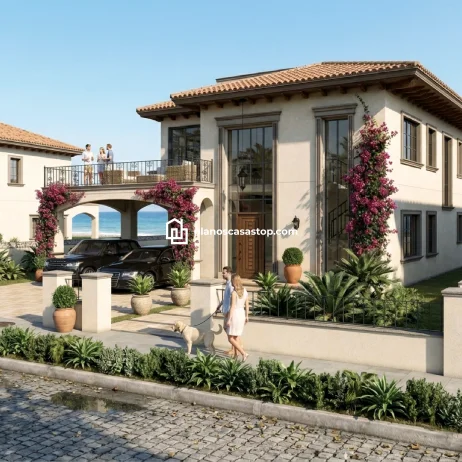 Planos de Casa Colonial Jazmín: Elegancia y Lujo Costero Fachada de lujo basada en planos de casa colonial jazmín con bugambilias, terraza y vista al mar.