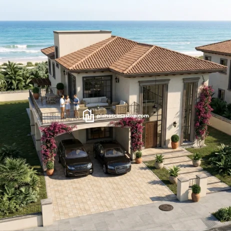 Planos de Casa Colonial Jazmín: Lujo y Vista al Mar Fachada de lujo con tejas y flores, basada en los planos de casa colonial jazmín frente al mar con terraza amplia.