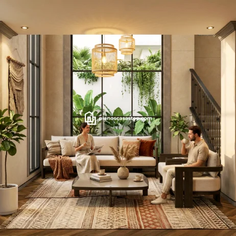 Planos de Casa Colonial Jazmín: Diseño de Interiores Sala de estar iluminada según los planos de casa colonial jazmín con vistas a un jardín tropical interior.