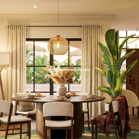 Diseño de Interior: Planos de Casa Colonial Jazmín Comedor cálido con lámpara de mimbre y plantas, según los planos de casa colonial jazmín.