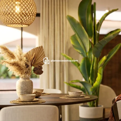 Diseño Interior: Planos de Casa Colonial Jazmín Comedor con texturas naturales y luz cálida, reflejo de los planos de casa colonial jazmín.