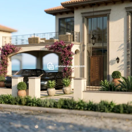 Planos de casa colonial jazmín: Fachada y Diseño Fachada de los planos de casa colonial jazmín con balcón, bugambilias púrpuras y elegantes acabados en madera y piedra.