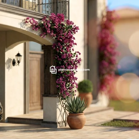Diseño Exclusivo: Planos de Casa Colonial Jazmín Entrada con bugambilias y arcos rústicos de los planos de casa colonial jazmín con acabados tradicionales.