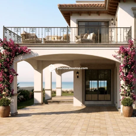Planos de Casa Colonial Jazmín: Diseño y Terraza Terraza con arcos y bugambilias de los planos de casa colonial jazmín frente al mar.