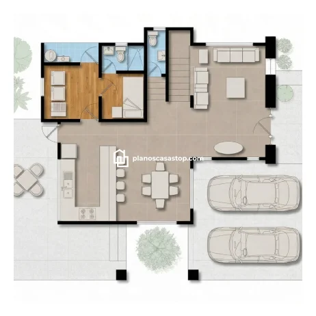 Diseño de Espacios en Planos de Casa Colonial Jazmín Planta arquitectónica de los planos de casa colonial jazmín con cochera doble y distribución de espacios integrados.