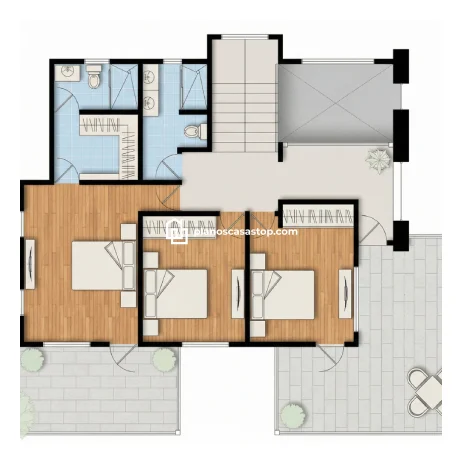 Planos de Casa Colonial Jazmín: Distribución y Confort Planos de casa colonial jazmín con tres dormitorios, acabados en madera, baños modernos y amplia terraza exterior.