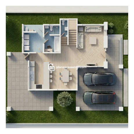 Diseño Moderno: Planos de Casa Colonial Jazmín Vista superior 3D de los planos de casa colonial jazmín con garage doble, cocina abierta y pisos de madera.