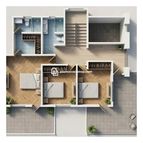 Planos de Casa Colonial Jazmín: Diseño de Planta Alta Vista 3D de los planos de casa colonial jazmín con dormitorios en madera y amplia terraza exterior.